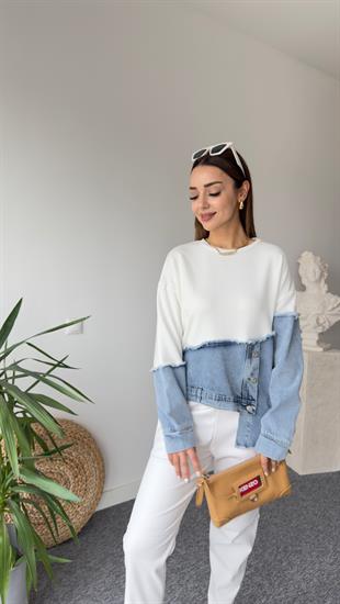 New Asimetrik Kot Detay Beyaz Tasarım Sweat