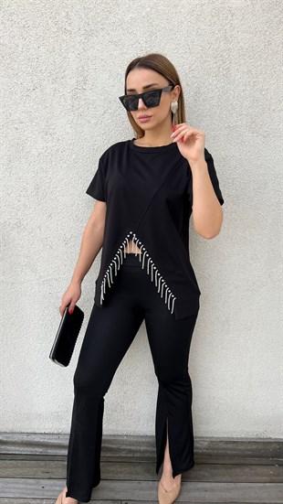Taş Detaylı Siyah Tasarım Tshirt
