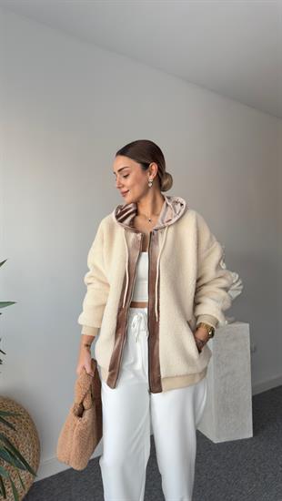 Orj Model Kadife Detaylı Astarlı Peluş Ceket