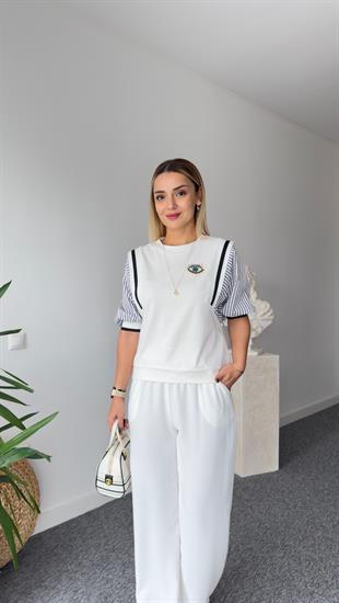Vuo Aksesuarlı Kollar Çizgili Beyaz Tshirt