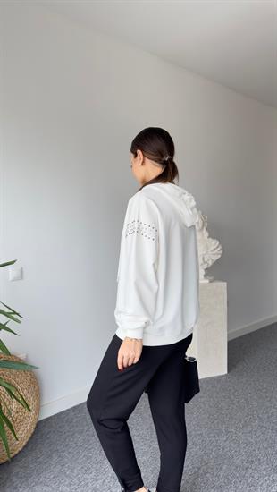 Omuzları Taşlı Kapüşonlu Beyaz Sweatshirt