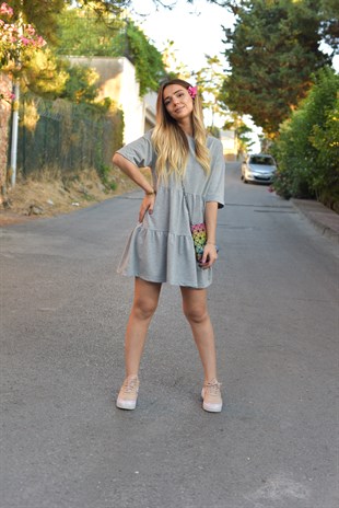Gri Volanlı Elbise