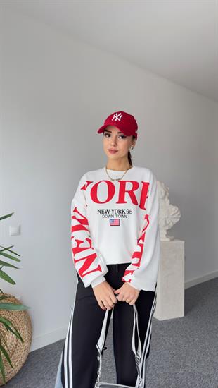 Kırmızı New York Yazılı Sweatshirt