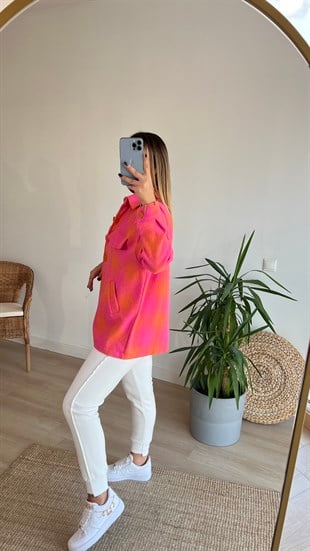 Turuncu Fuşya Ekoseli Ceket