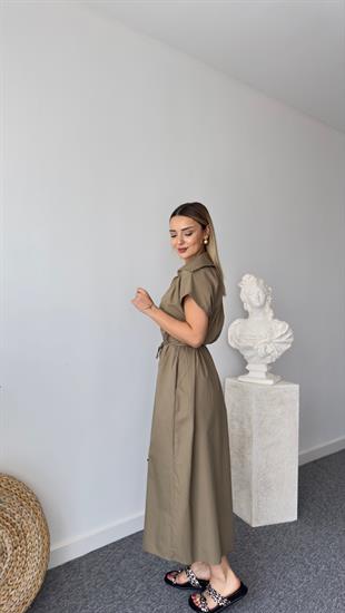 Haki Geniş Yakalı Poplin Elbise