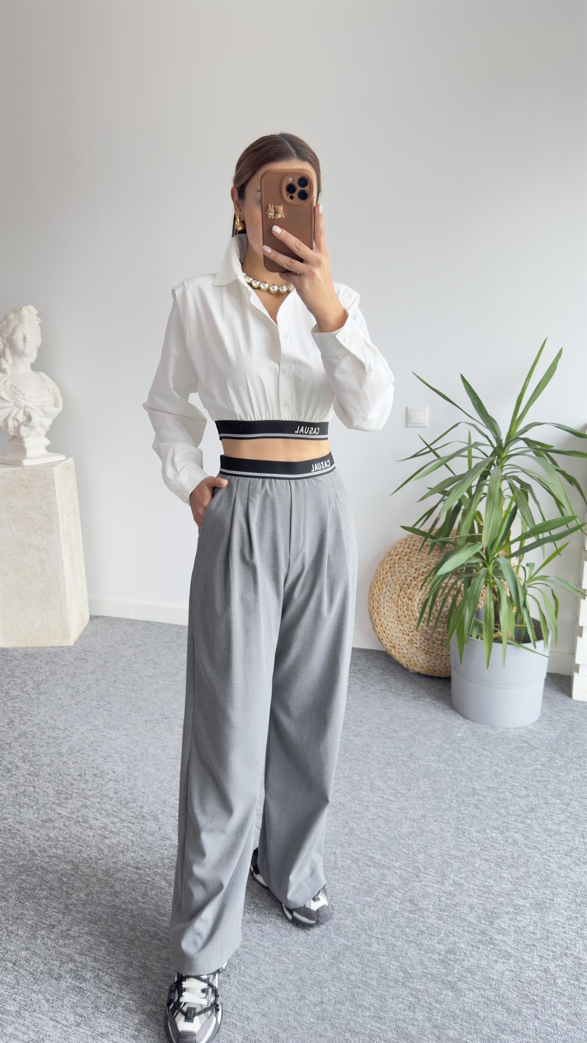 Gri Bel Casual Lastik Detay Pantolon