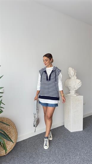 Burena Yanı Yırtmaçlı Çizgili İkili Sweat Takım