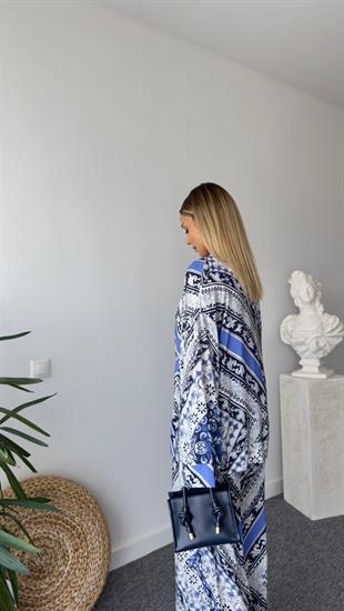Medi Etnik Desen Viskon Mavi Kimono