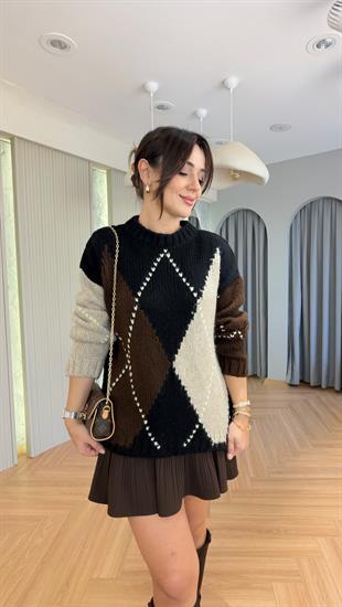 Siyah Marno Zra Model Baklava Desen Kazak