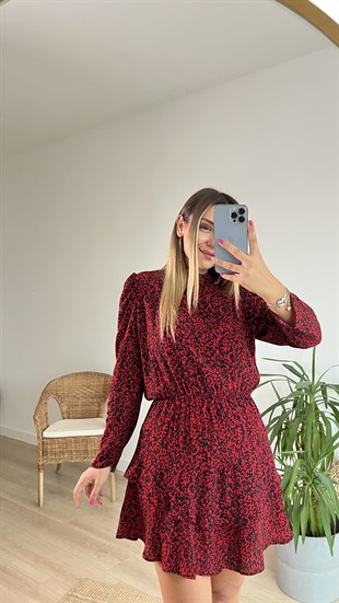  Kırmızı Leopar Desen Elbise 