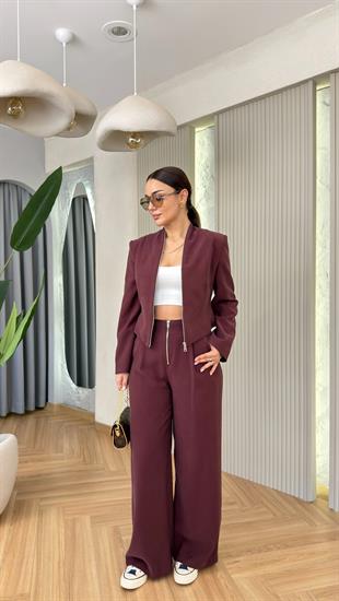 Bordo Yakadan Fermuarlı Premium Tensel Takım