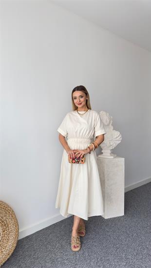 Massi Model Garnili Bel Lastikli Bej Elbise 