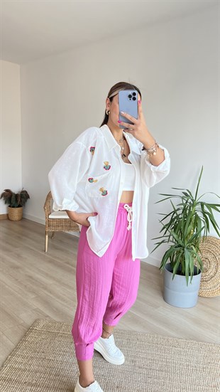 İşleme Taş Detaylı Oversize Keten Gömlek