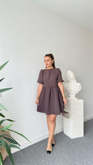 Rimo Bağlama Detaylı Kahve Elbise 