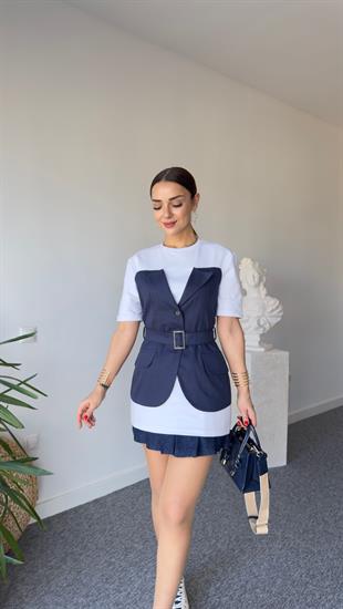 Gabardin Yelek Garnili Tasarım Bluz