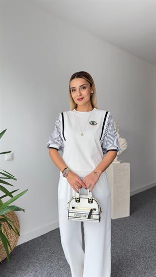 Vuo Aksesuarlı Kollar Çizgili Beyaz Tshirt