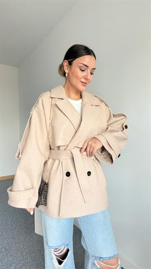 Bej Laufen Kuşaklı Kaşe Kaban