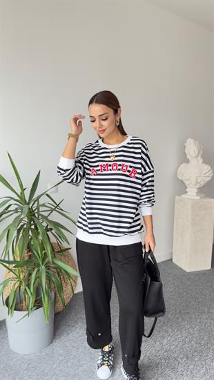 Amour Baskı Çizgili Sweatshirt