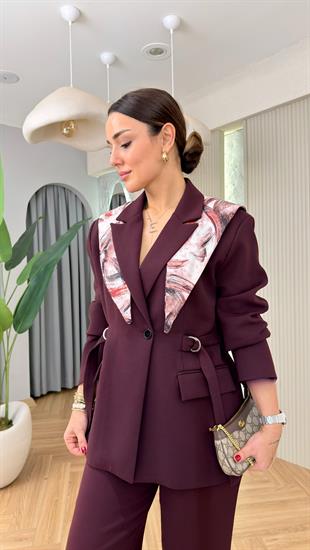 Bordo Şal Detaylı Tasarım Blazer Takım