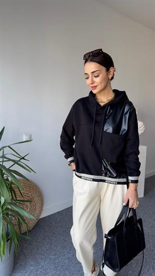 Yazı Ve Deri Detaylı Siyah Sweat