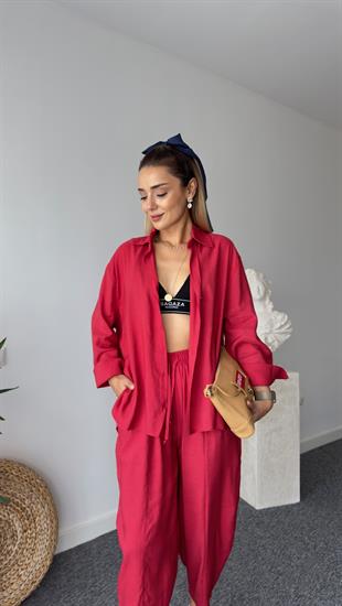Bordo Keten Gömlek Pantolon Takım