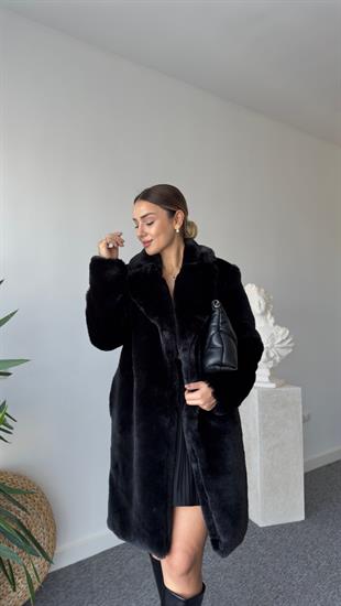 İçi Leopar Astarlı Siyah Peluş Kaban