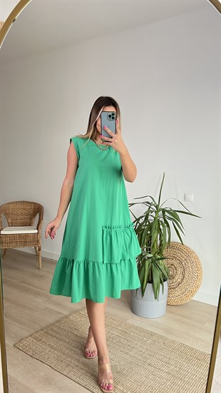 Kolsuz Fırfırlı Yeşil Poplin Elbise 