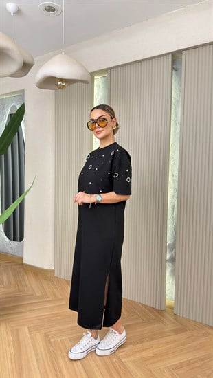 Siyah Canos İnci Ve Taş Detaylı Yırtmaçlı Basic Elbise 