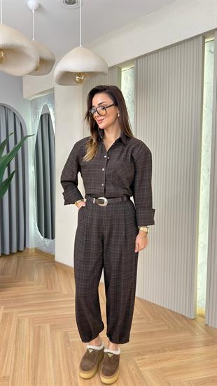 Reyna Ekose Desen Kemerli Balon Pantolon 