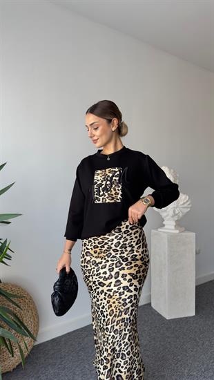 Ricar Sarı Leopar Desenli Etek Sweat Takım