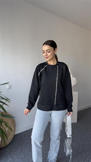Dalgıç Kumaş Taş Detay Siyah Sweat