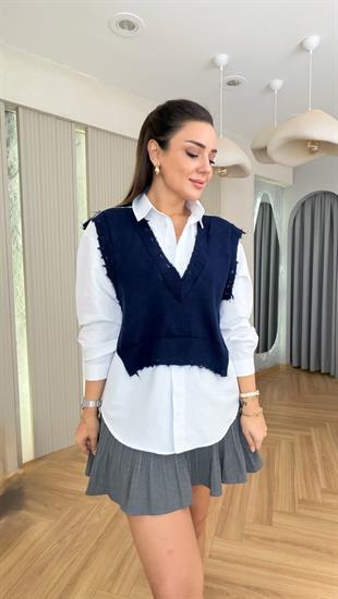 Lacivert Triko Detaylı Tws Model Poplin Gömlek