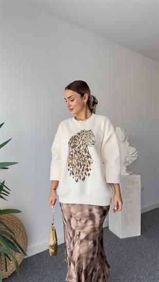 Naji Leopar Baskılı Bej Sweatshirt