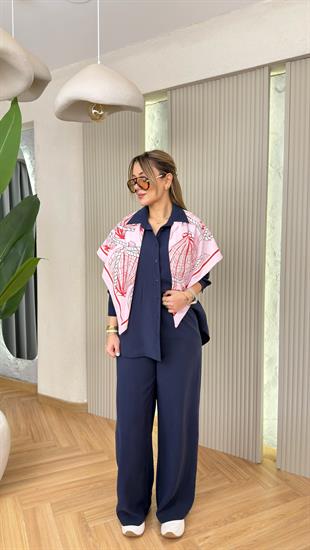 Lacivert Niami Fular Detaylı Tensel Takım