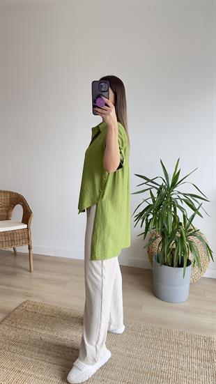 Yanları Düğme Detay Yeşil Gömlek