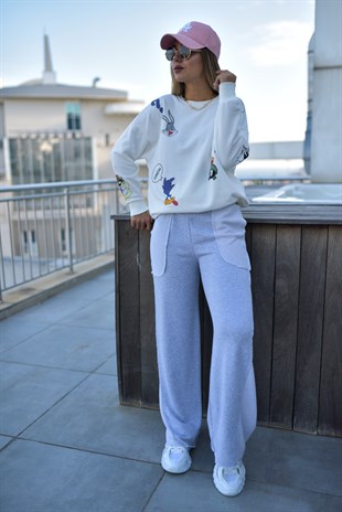 Karakter Baskılı Beyaz Sweatshirt