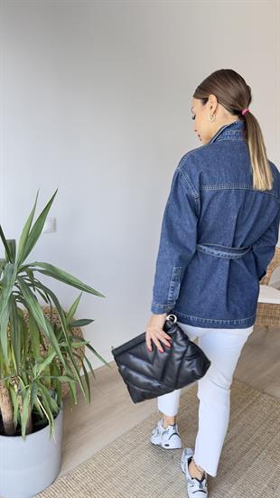 Kuşaklı Lacivert Jean Ceket
