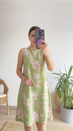 Açık Yeşil Silva Çiçek Desenli Çan Elbise