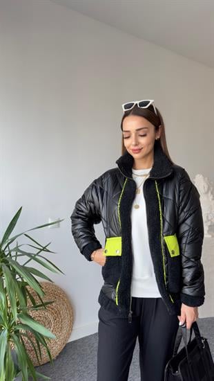 Neon Şerit Detaylı Siyah Premıum Mont