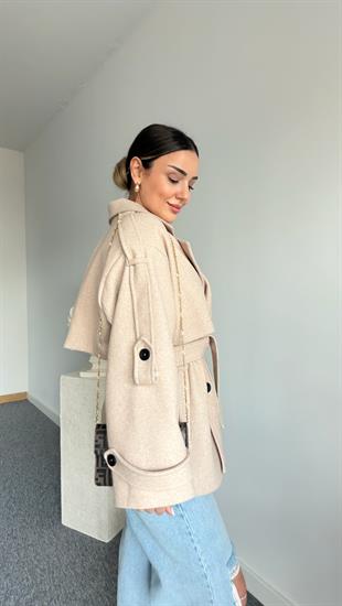 Bej Laufen Kuşaklı Kaşe Kaban