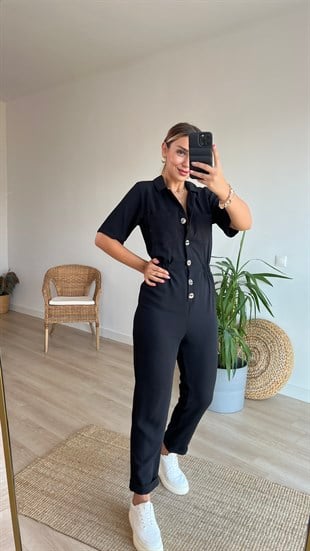 Düğme Detaylı Beli Lastikli Siyah Tulum