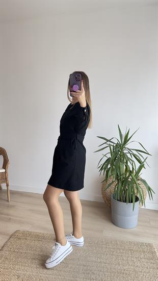Düğmeli Siyah Denim Elbise