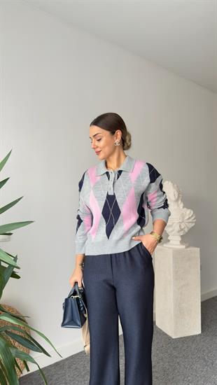 Livis Pembe Renk Geçişli Polo Yaka Kazak