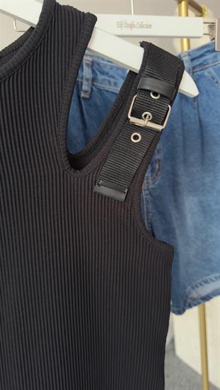 Kemer Aksesuarlı Siyah Fitilli Atlet