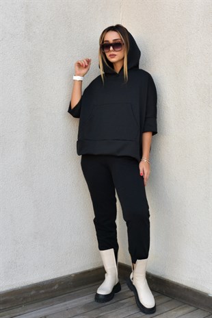 Modal Kumaş Kapüşonlu Siyah Sweat
