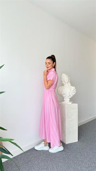Pembe Varela Çizgili Gömlek Yaka Elbise