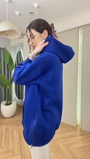 Mavi Wels Yan Fermuarlı Şardonlu Sweatshirt