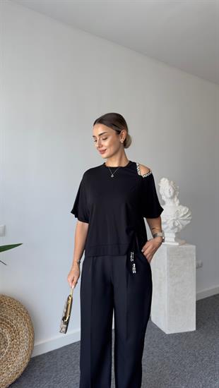 Viktoria Omuz Taşlı Büzgülü Siyah Modal Tshirt