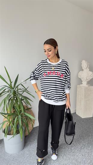 Amour Baskı Çizgili Sweatshirt