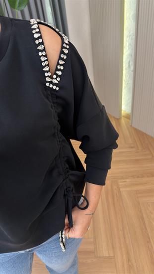 Siyah Taş Detay Büzgülü Modal Sweat